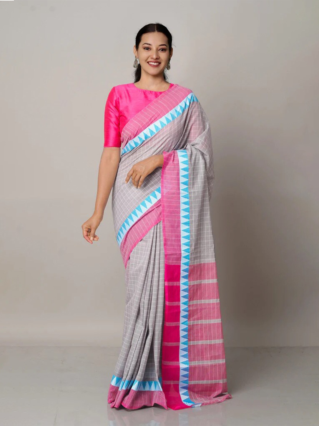 

Unnati Silks Grey & Pink Checked Pure Cotton Mangalagiri Saree