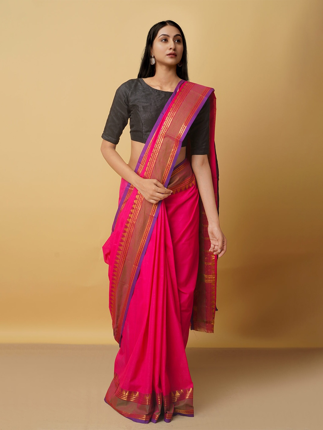 

Unnati Silks Pink & Gold-Toned Woven Design Pure Cotton Kanjeevaram Saree