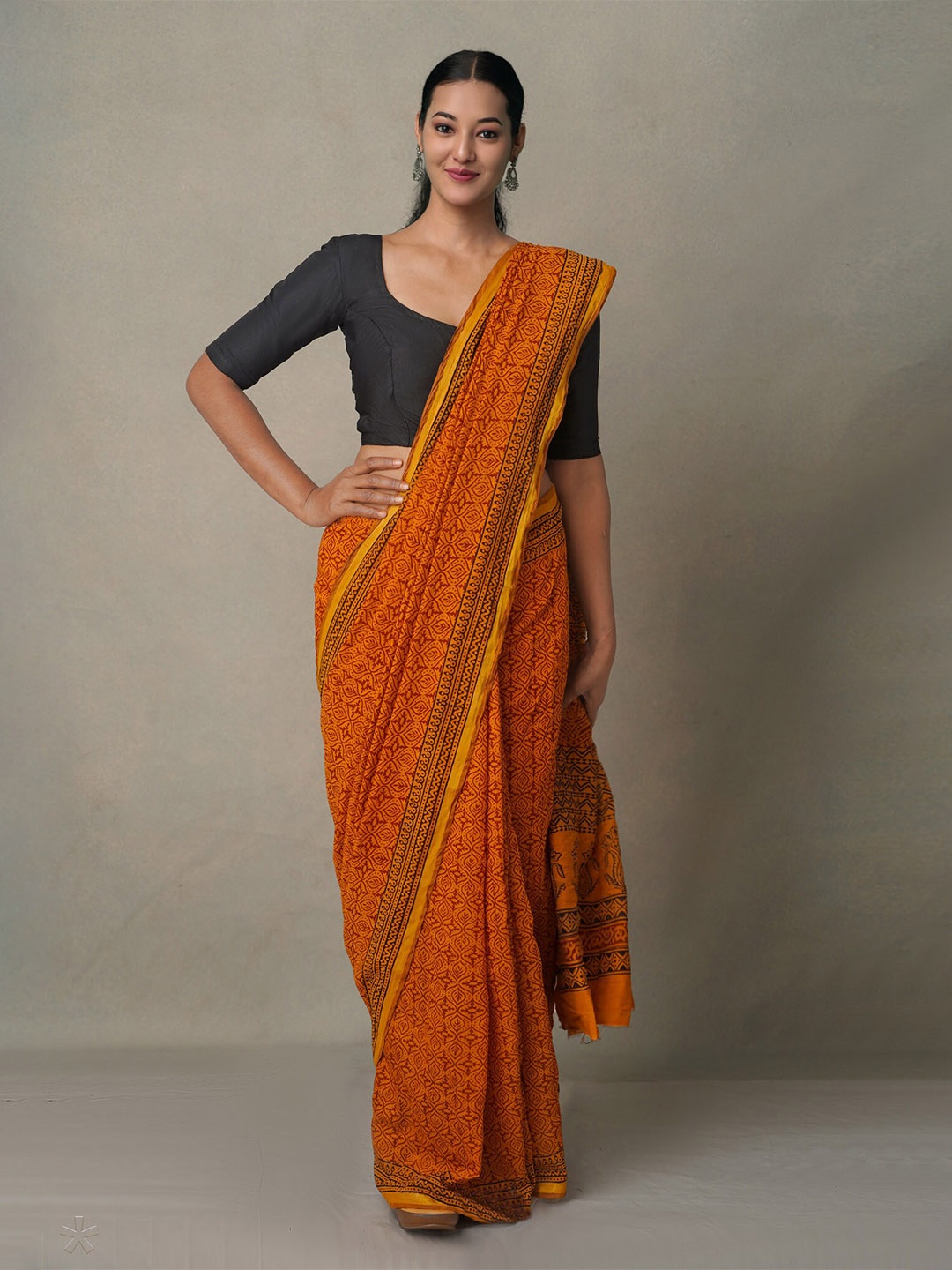 

Unnati Silks Rust & Yellow Bagh Chanderi Saree