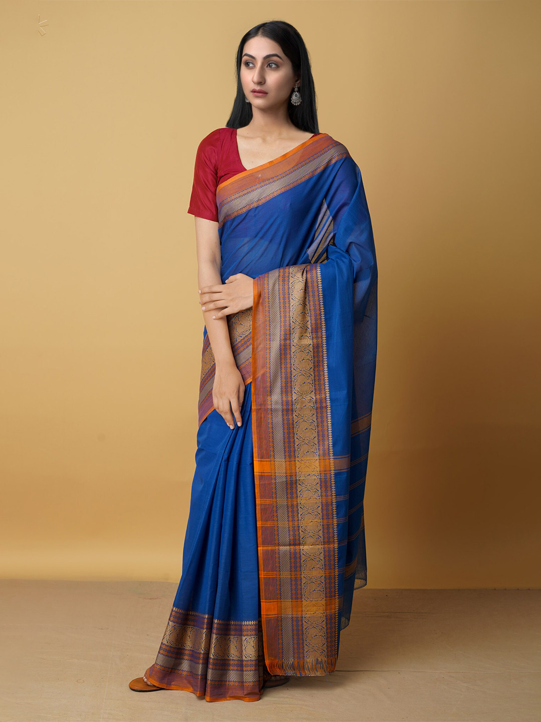 

Unnati Silks Blue & Orange Woven Design Pure Cotton Kanjeevaram Saree