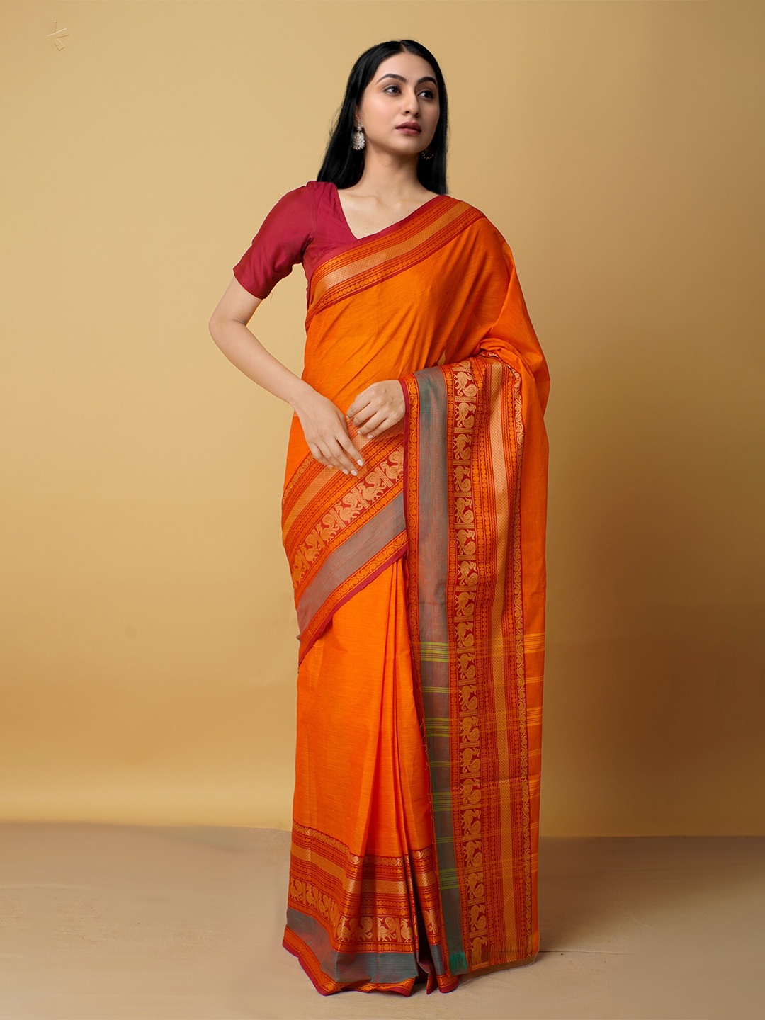 

Unnati Silks Orange & Grey Ethnic Motifs Pure Cotton Kanjeevaram Saree