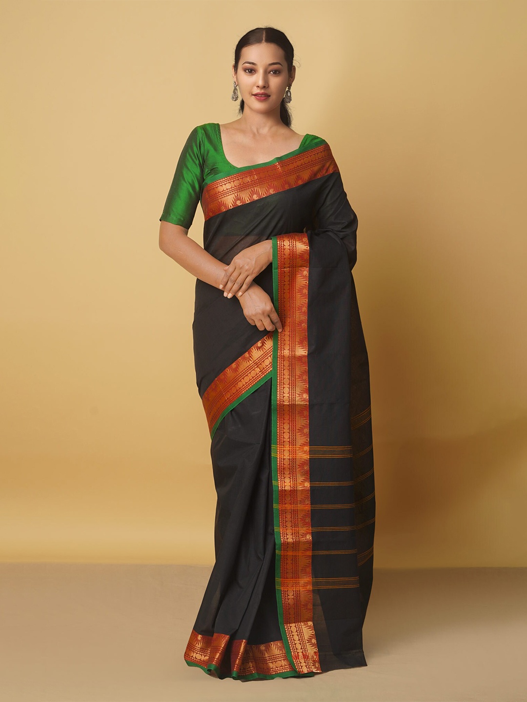 

Unnati Silks Black & Green Zari Pure Cotton Kanjeevaram Saree