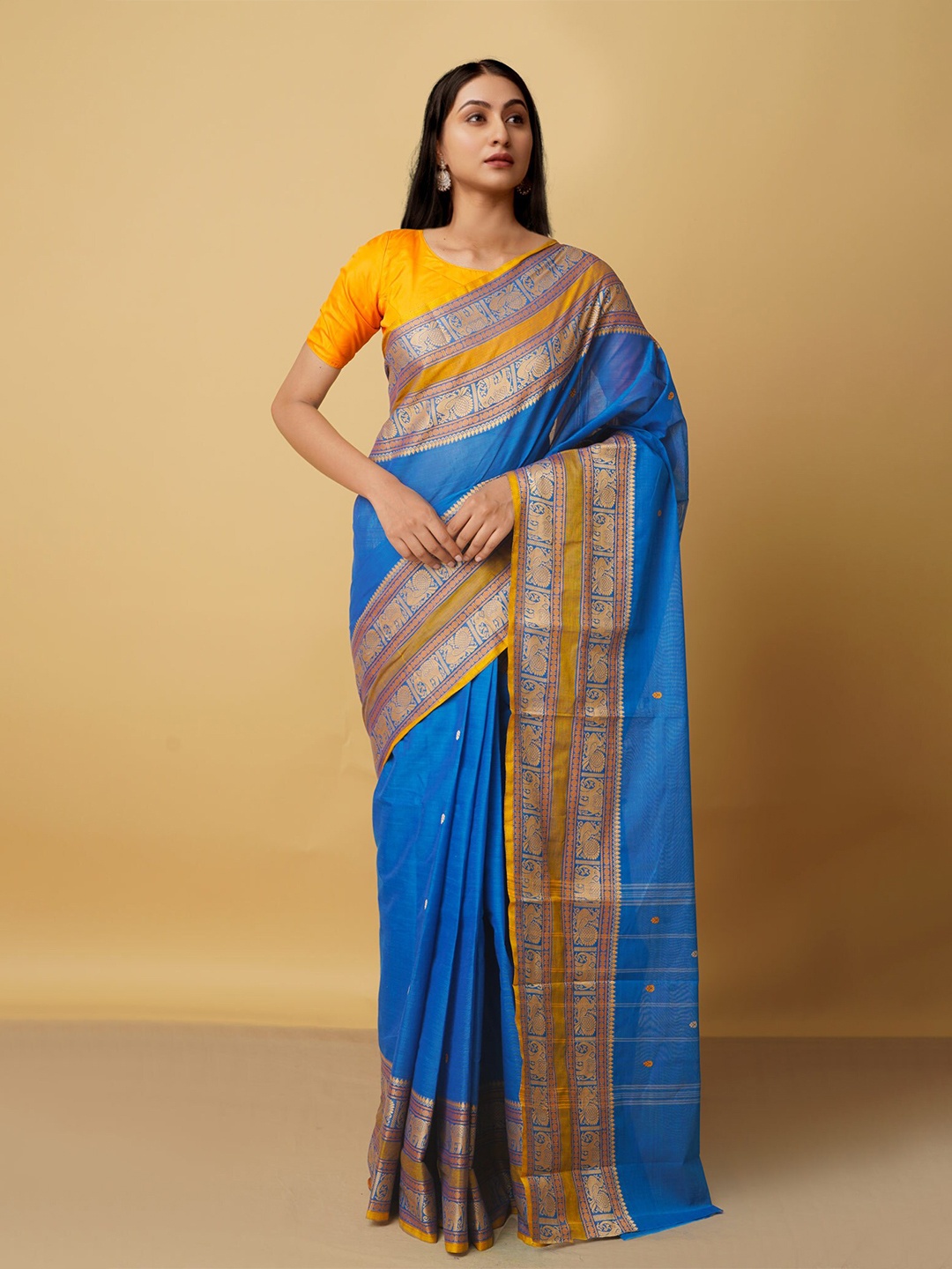 

Unnati Silks Blue & Gold-Toned Woven Design Pure Cotton Kanjeevaram Saree