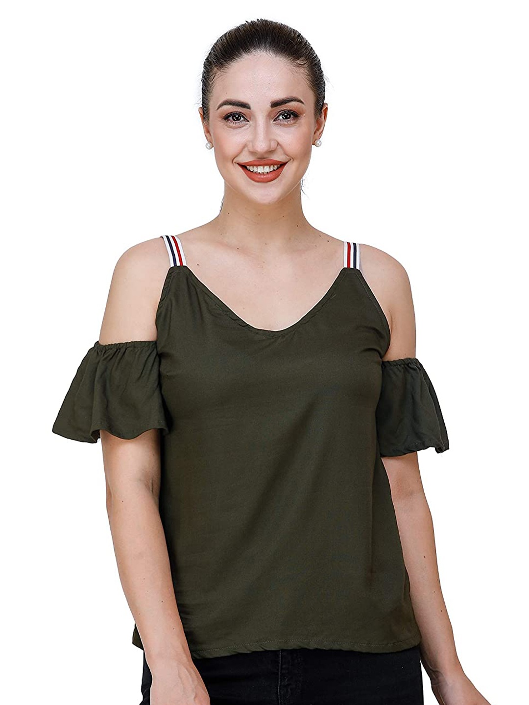 

DECHEN Olive Green Colid Shoulder Top