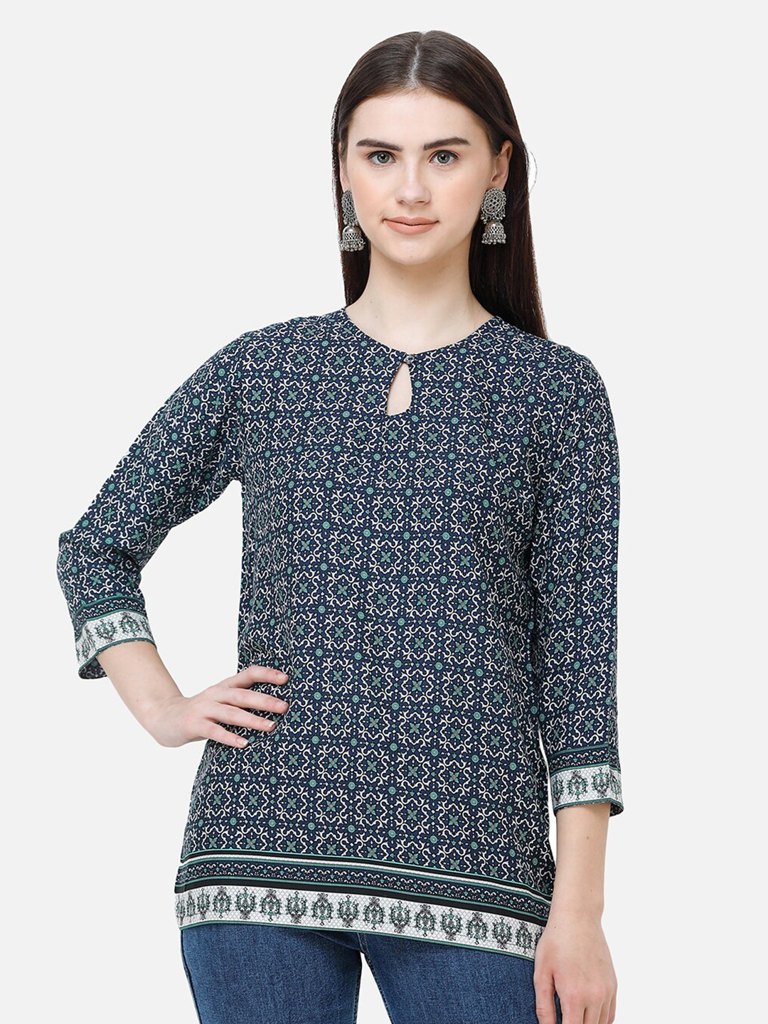 

DECHEN Print Keyhole Neck Top, Navy blue
