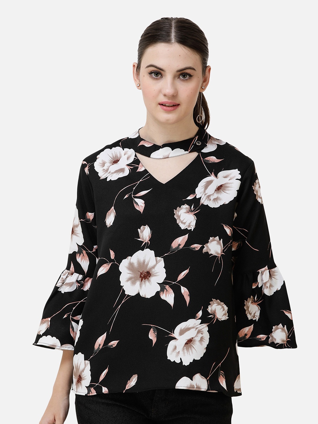 

DECHEN Floral Print Choker Neck Top, Black