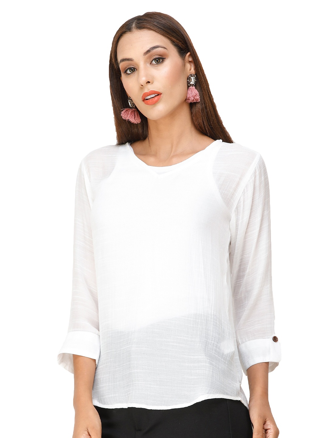 

DECHEN Roll-Up Sleeves Top, White