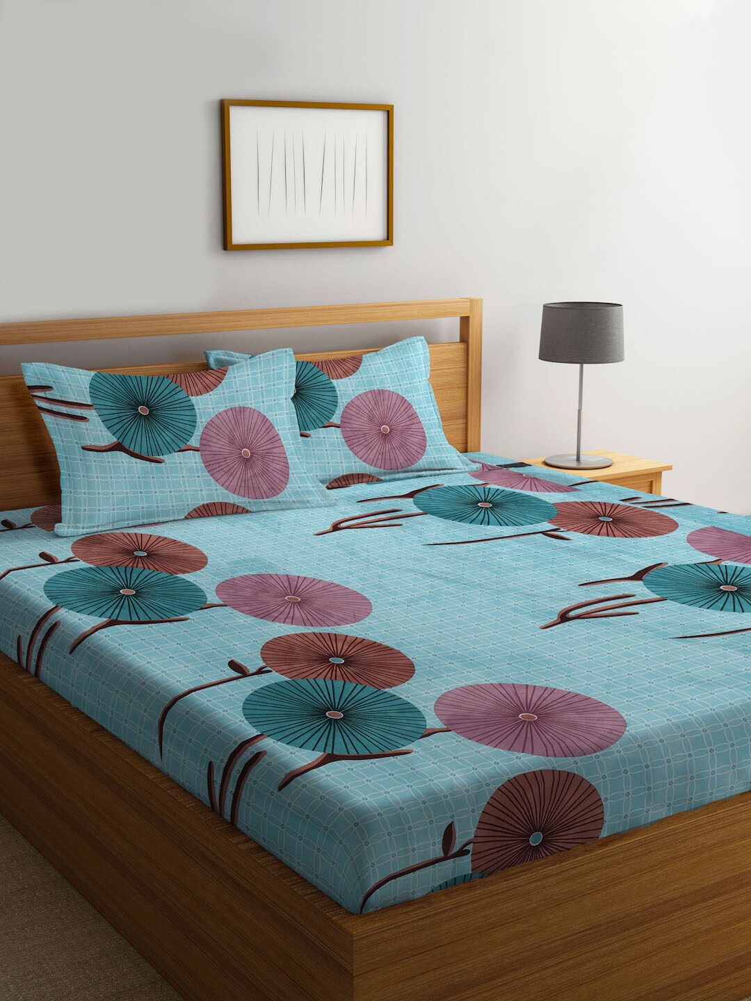 

KLOTTHE Blue Floral 300 TC King Size Fitted Bedsheet with 2 Pillow Covers