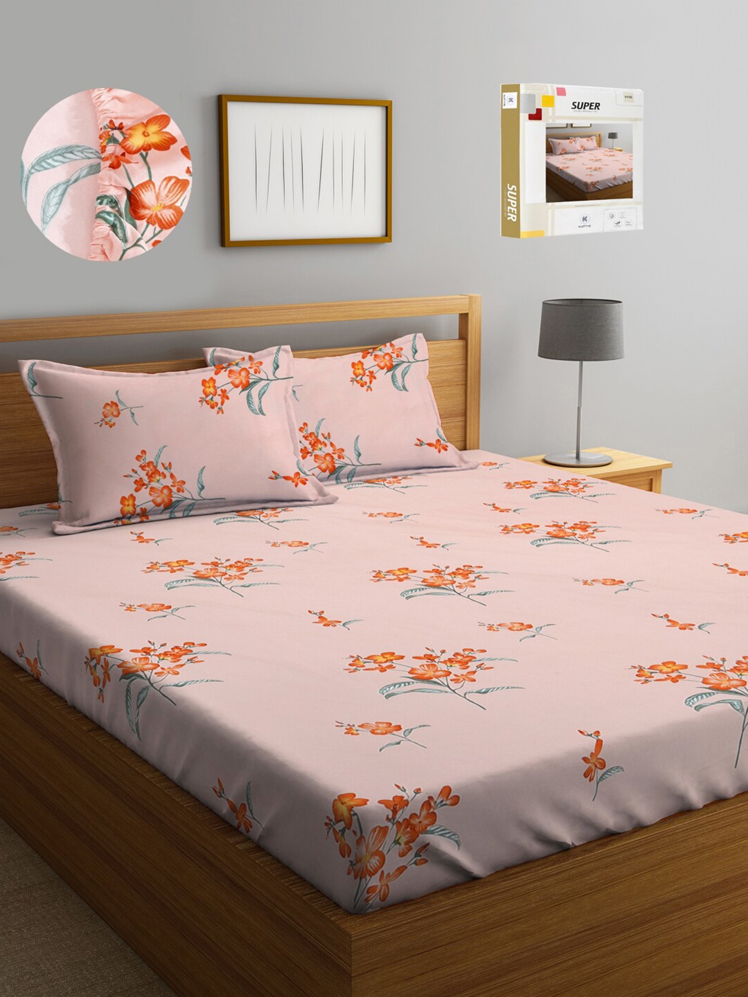 

KLOTTHE Floral Printed 300 TC Fitted King Bedsheet with 2 Pillow Covers, Peach