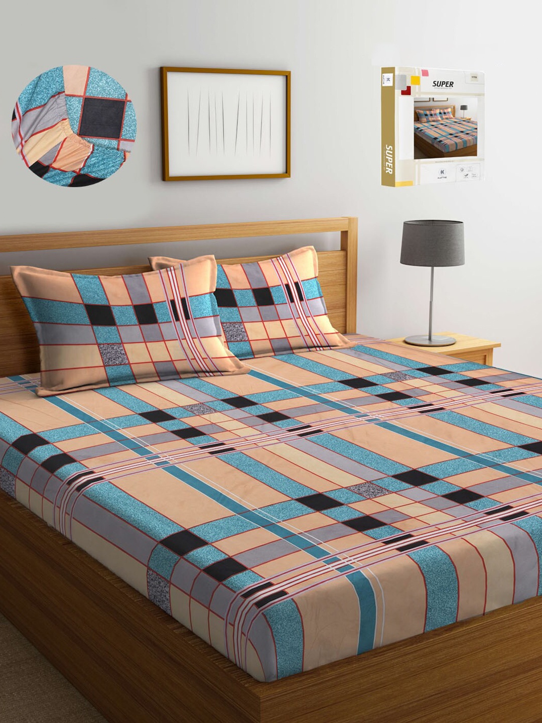 

KLOTTHE Printed 300 TC Fitted King Bedsheet with 2 Pillow Covers, Peach