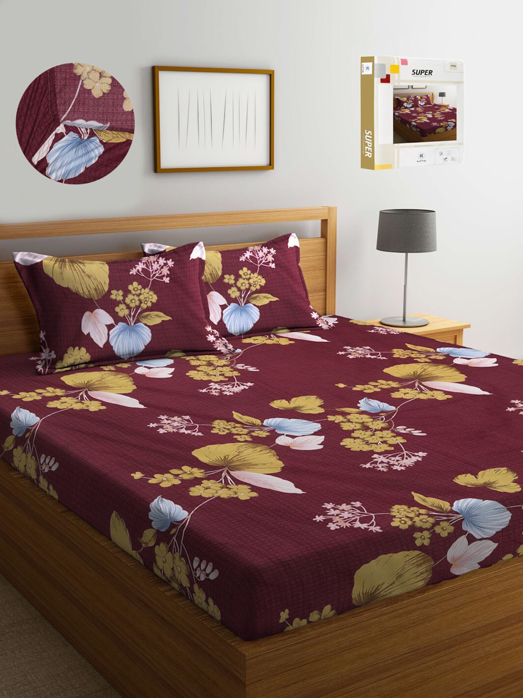 

KLOTTHE Floral Printed 300 TC Fitted King Bedsheet with 2 Pillow Covers, Maroon