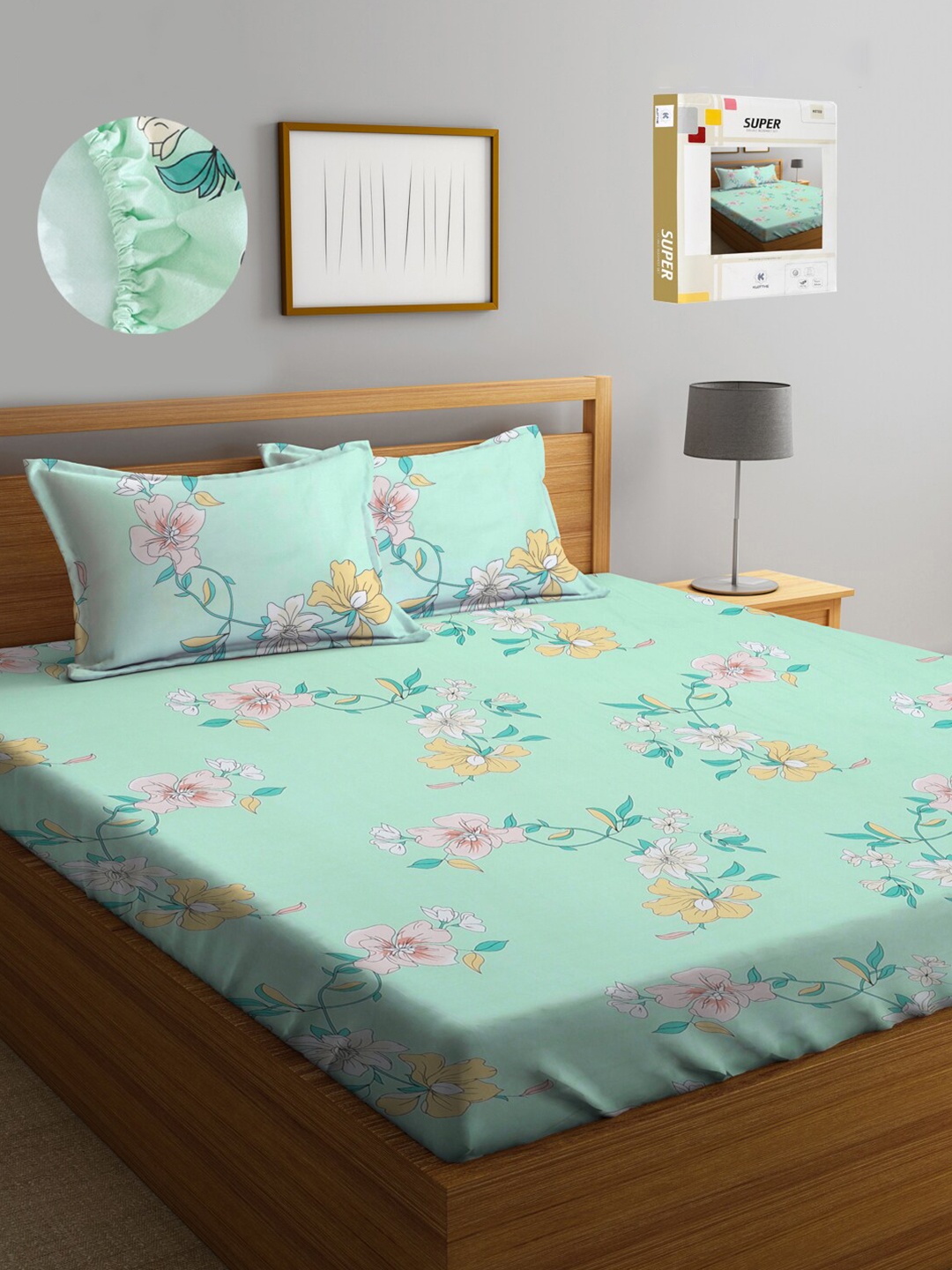 

KLOTTHE Sea Green Floral Printed 300 TC Fitted King Bedsheet with 2 Pillow Covers