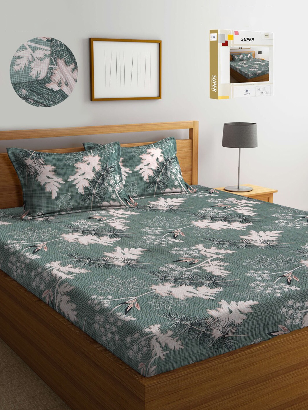 

KLOTTHE Green Floral 300 TC King Size Fitted Bedsheet with 2 Pillow Covers