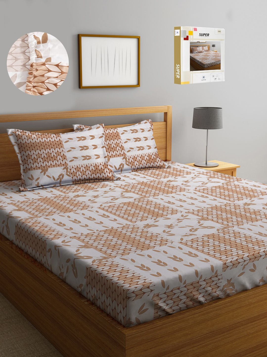 

KLOTTHE Printed 300 TC Fitted King Bedsheet with 2 Pillow Covers, Off white