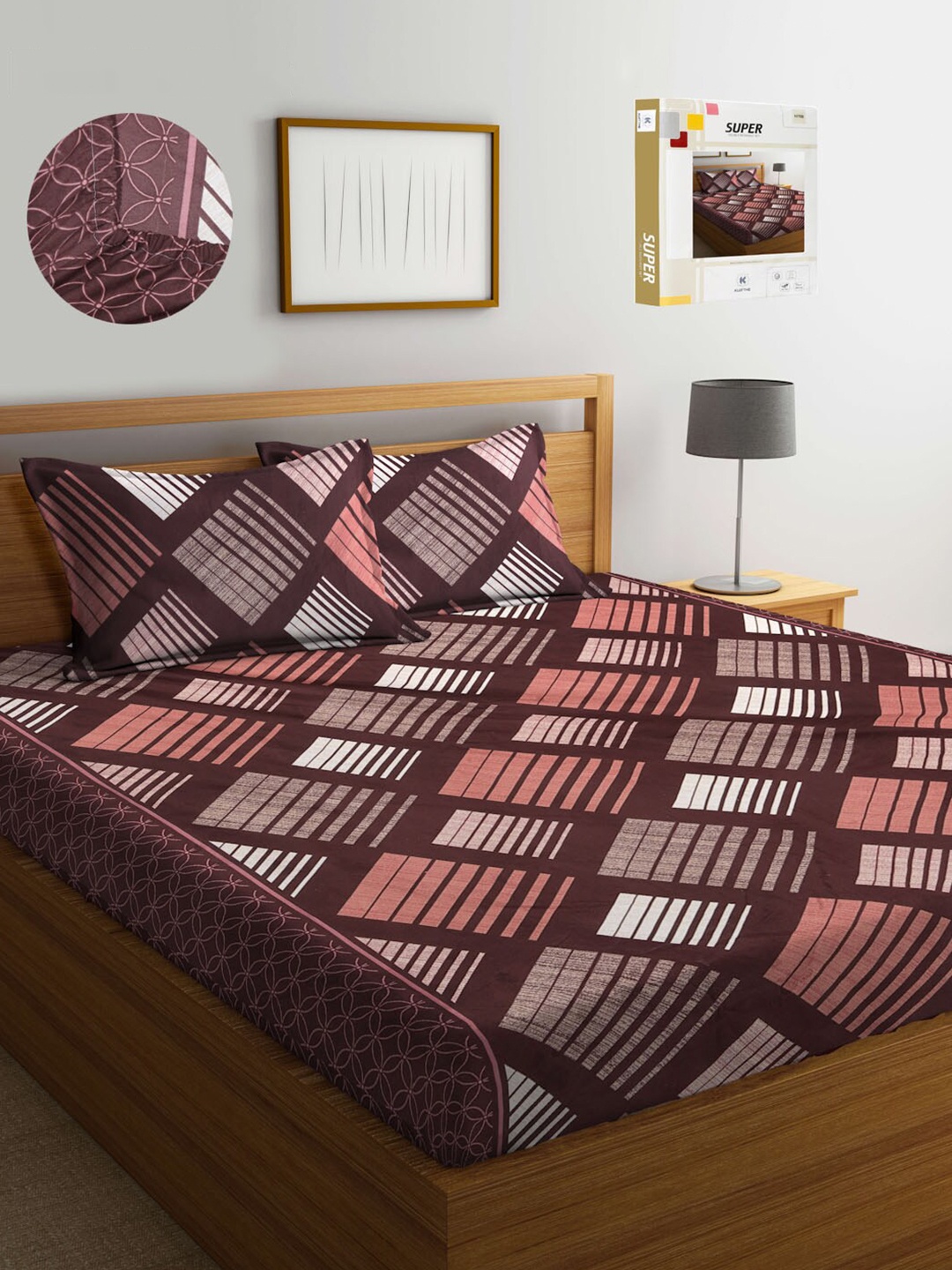 

KLOTTHE Maroon Geometric 300 TC King Size Fitted Bedsheet with 2 Pillow Covers
