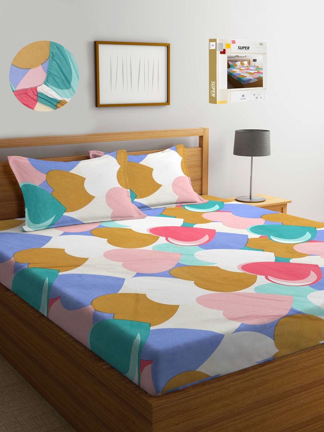 

KLOTTHE Multicoloured Conversational 300 TC King Size Fitted Bedsheet with 2 Pillow Covers, Multi