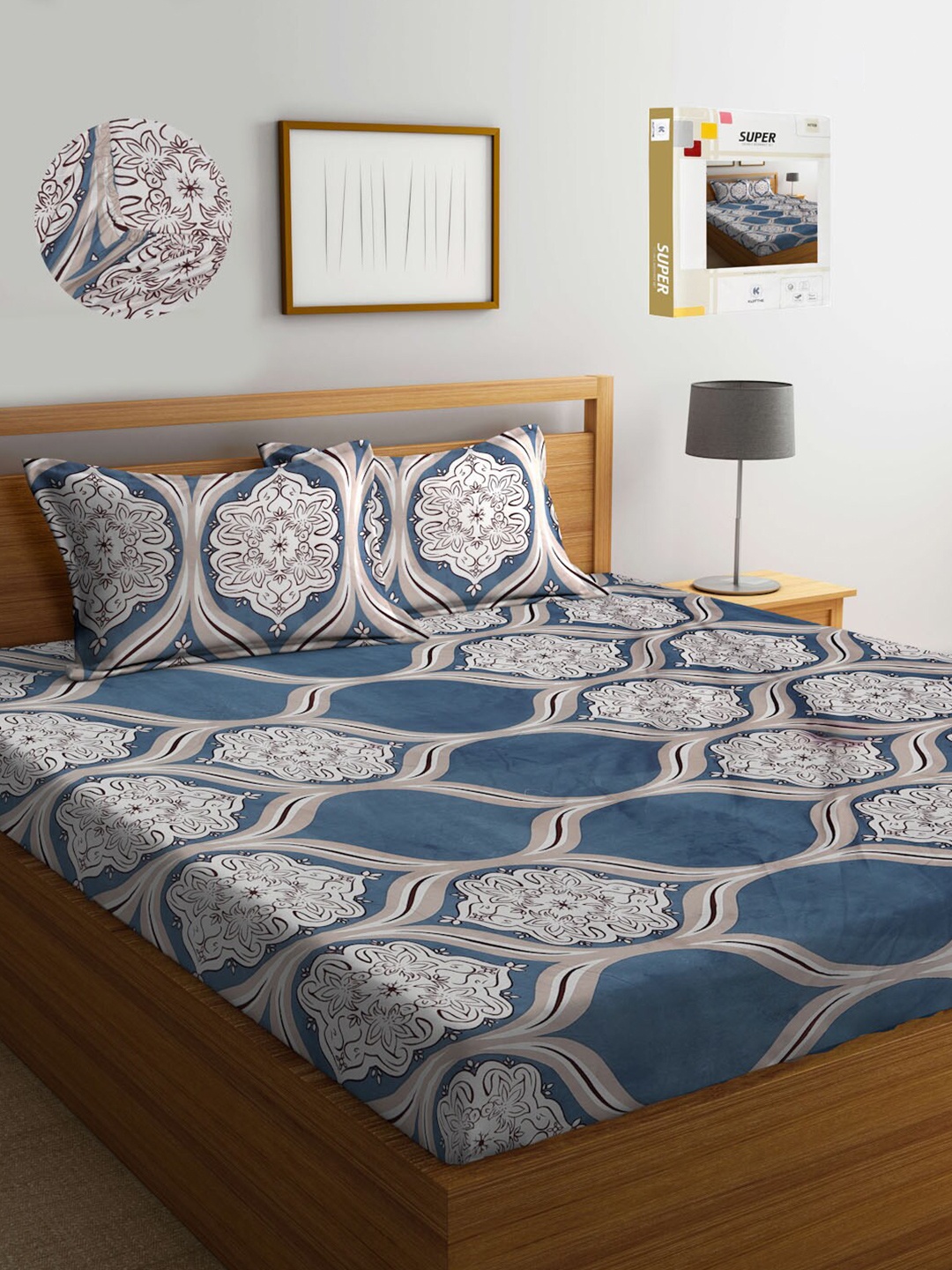 

KLOTTHE Ethnic Motifs Printed 300 TC Fitted King Bedsheet with 2 Pillow Covers, Teal