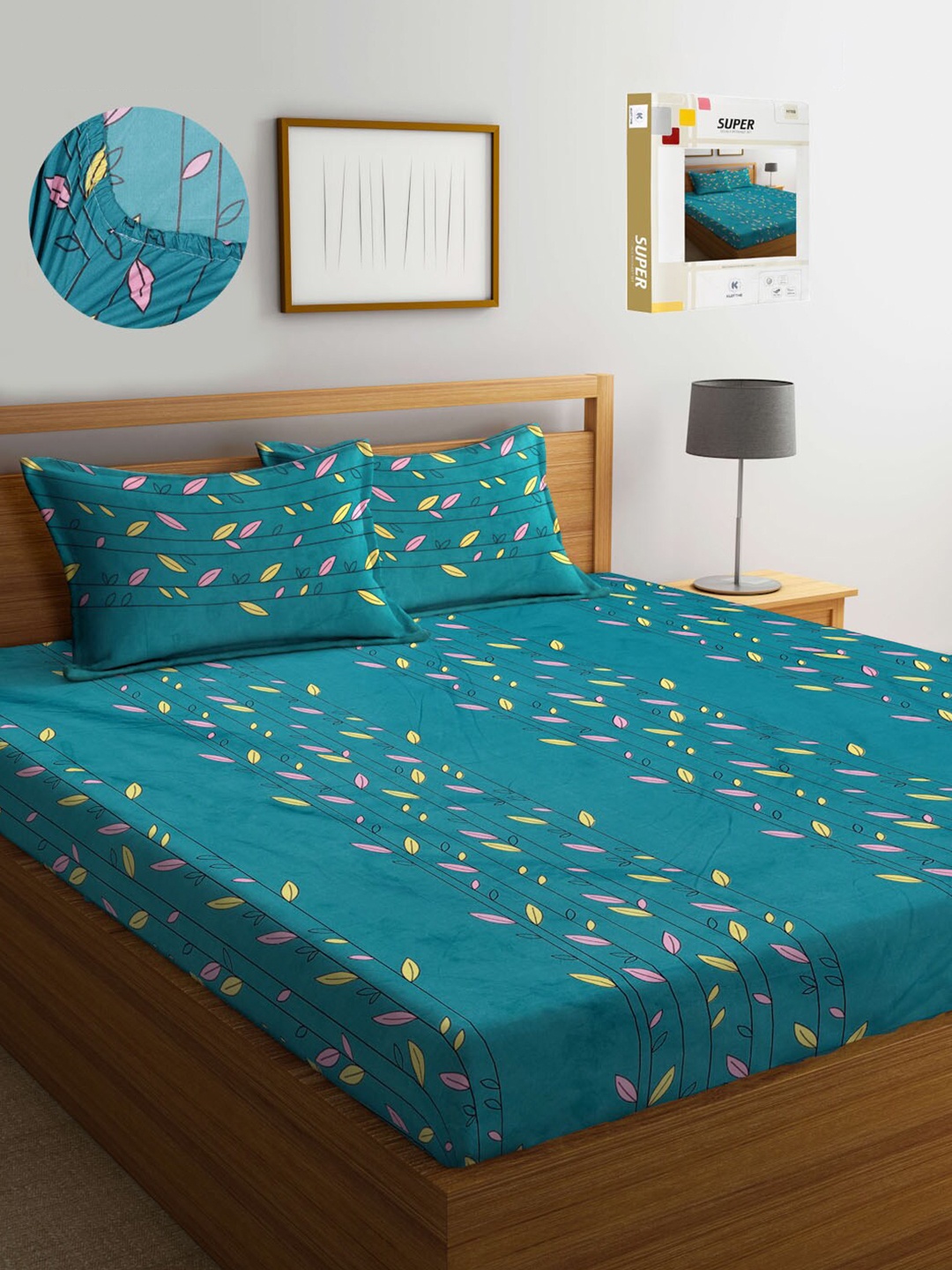 

KLOTTHE Floral Printed 300 TC Fitted King Bedsheet with 2 Pillow Covers, Teal