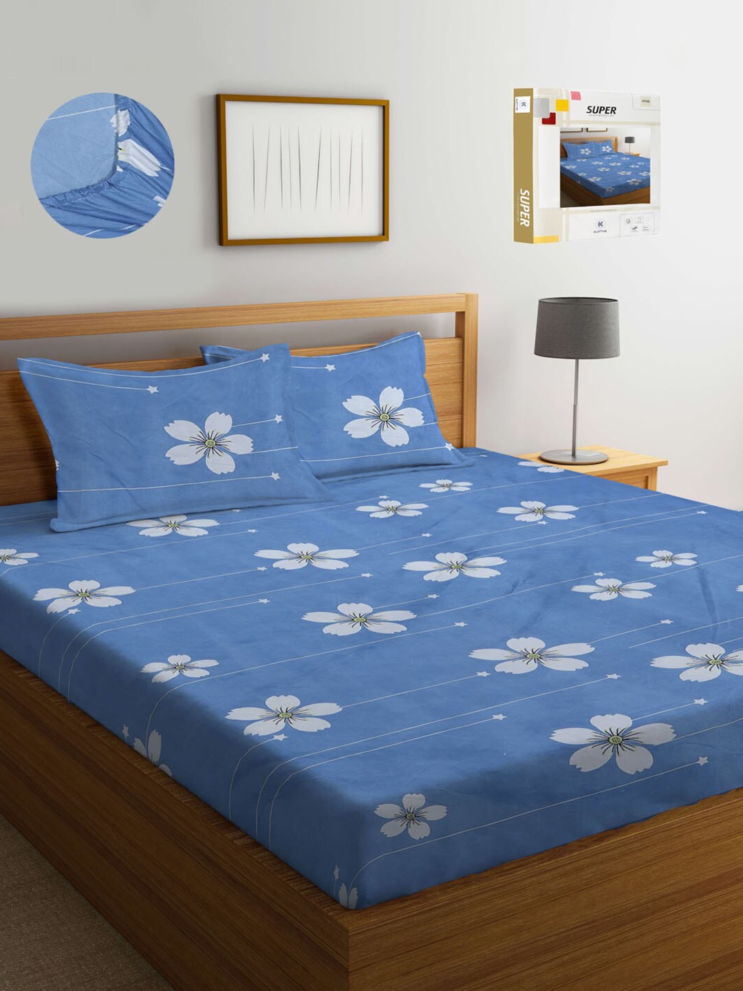 

KLOTTHE Blue Floral 300 TC King Size Fitted Bedsheet with 2 Pillow Covers