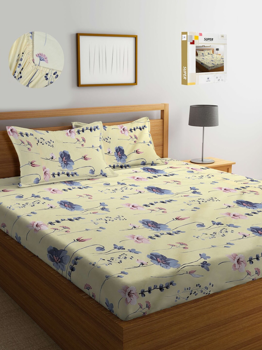 

KLOTTHE Floral Printed 300 TC Fitted King Bedsheet with 2 Pillow Covers, Yellow