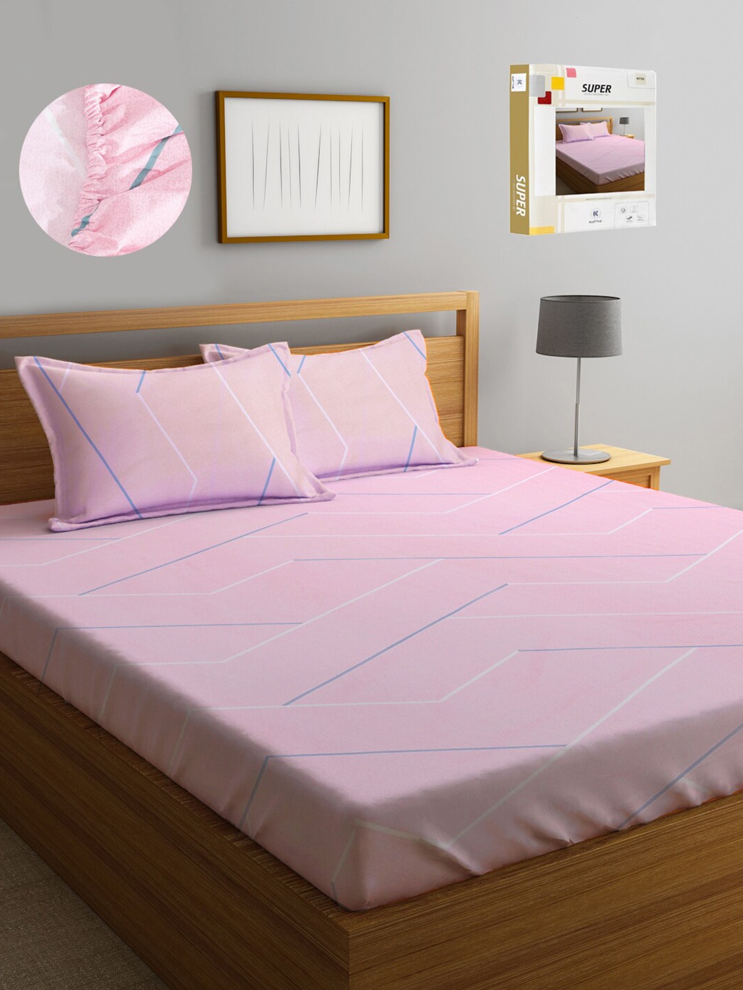 

KLOTTHE Geometric Printed 300 TC Fitted King Bedsheet with 2 Pillow Covers, Pink