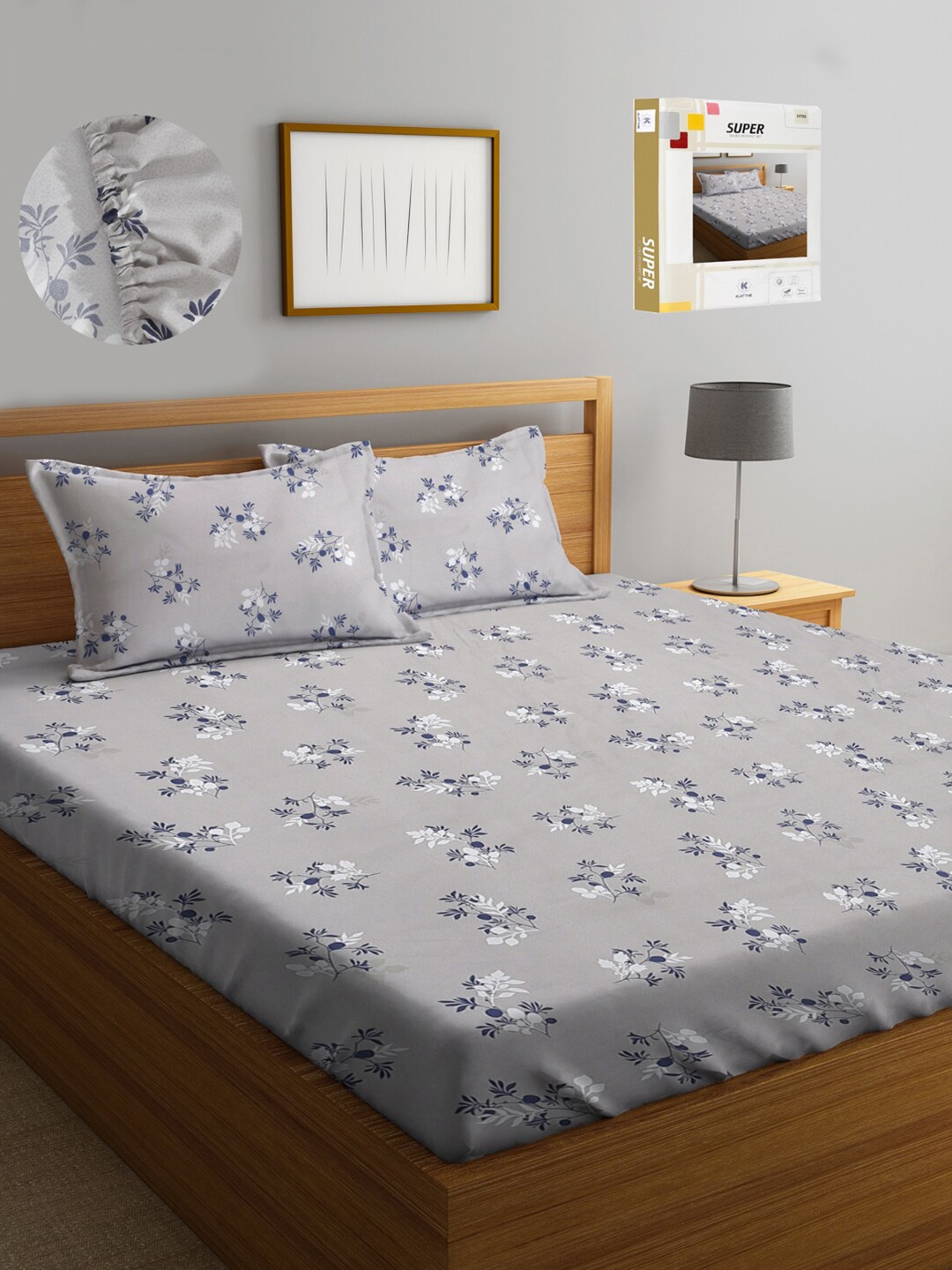 

KLOTTHE Floral Printed 300 TC Fitted King Bedsheet with 2 Pillow Covers, Grey