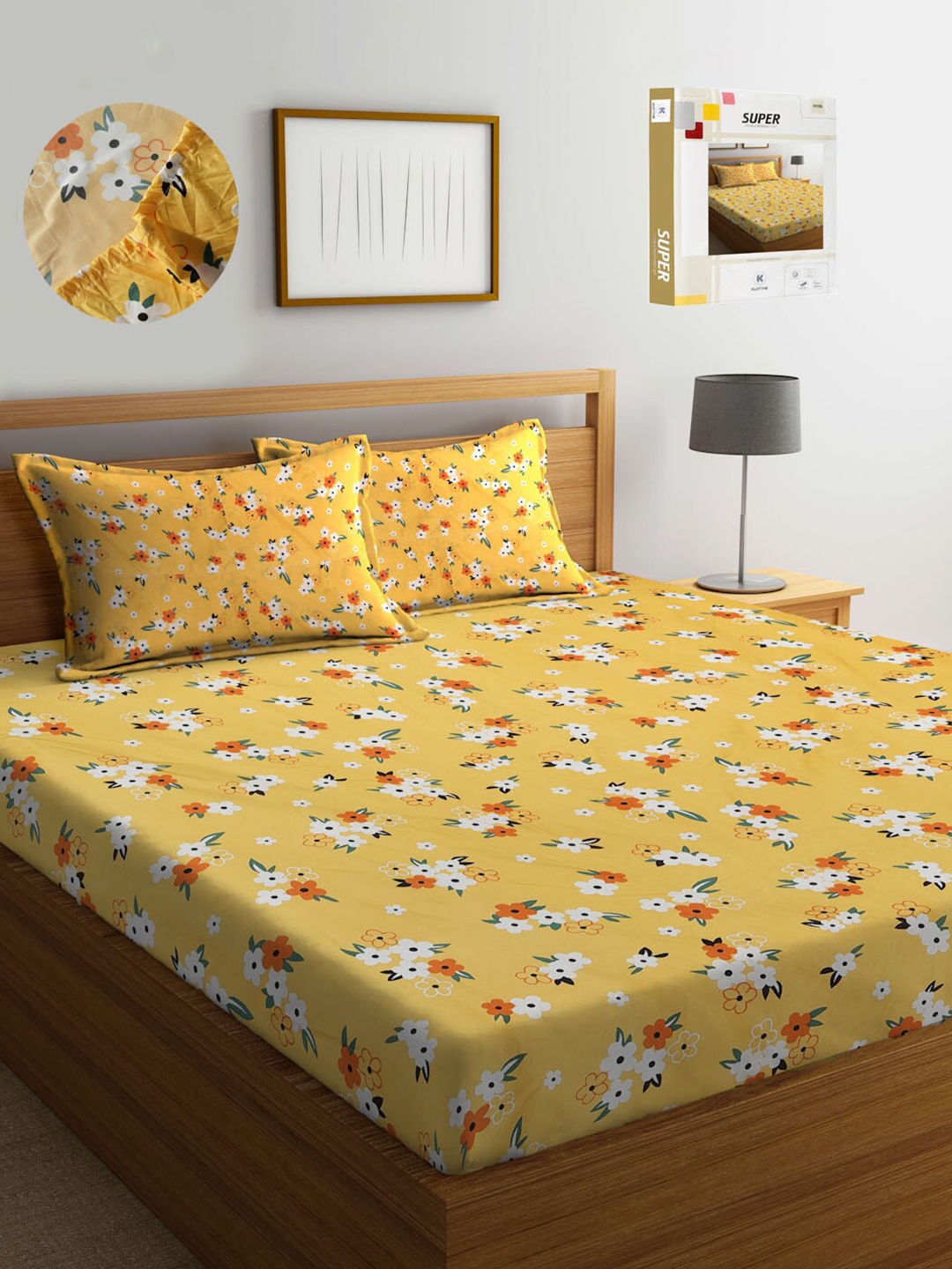 

KLOTTHE Floral Printed 300 TC Fitted King Bedsheet with 2 Pillow Covers, Yellow