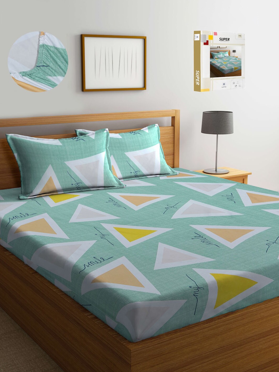 

KLOTTHE Geometric Printed 300 TC Fitted King Bedsheet with 2 Pillow Covers, Sea green