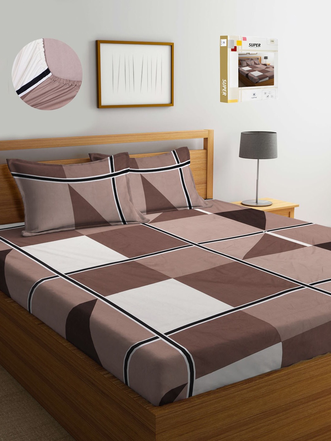 

KLOTTHE Geometric Printed 300 TC Fitted King Bedsheet with 2 Pillow Covers, Brown