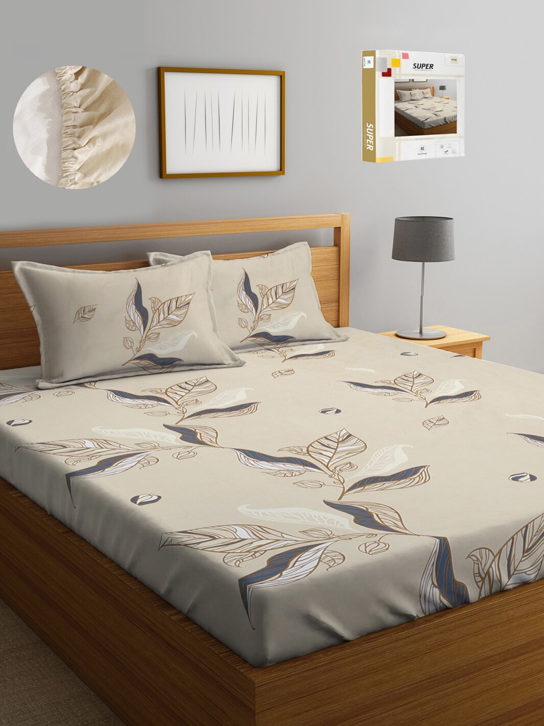 

KLOTTHE Floral Printed 300 TC Fitted King Bedsheet with 2 Pillow Covers, Beige