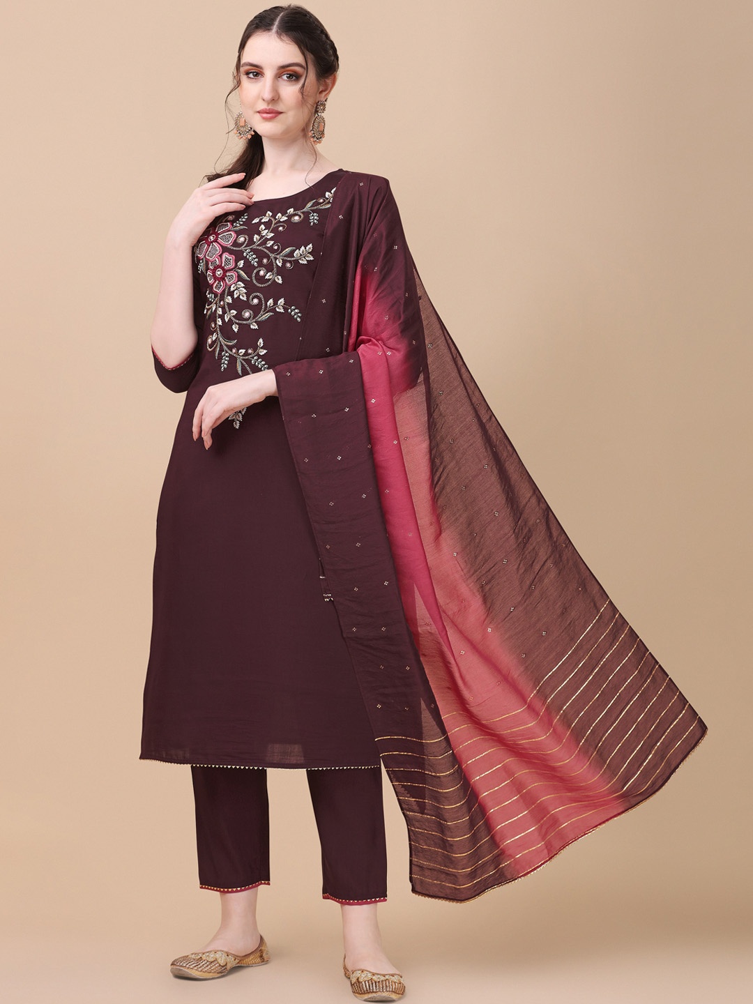 

Berrylicious Floral Embroidered Thread Work Kurta with Trousers & Dupatta, Maroon