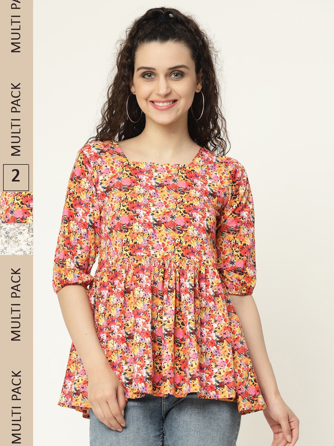 

MISS AYSE Pack of 2 Floral Print Georgette Empire Top, Yellow
