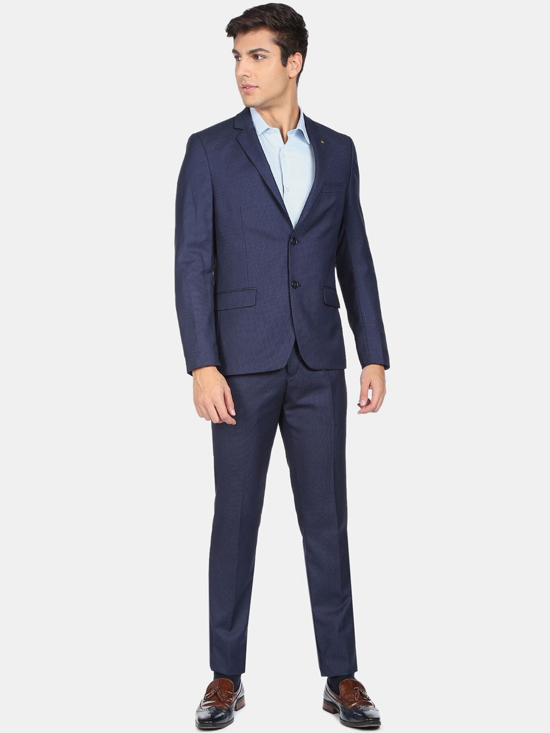 

AD By Arvind Men Navy Blue Self Design Single Breasted Slim Fit Two Piece Formal Suit