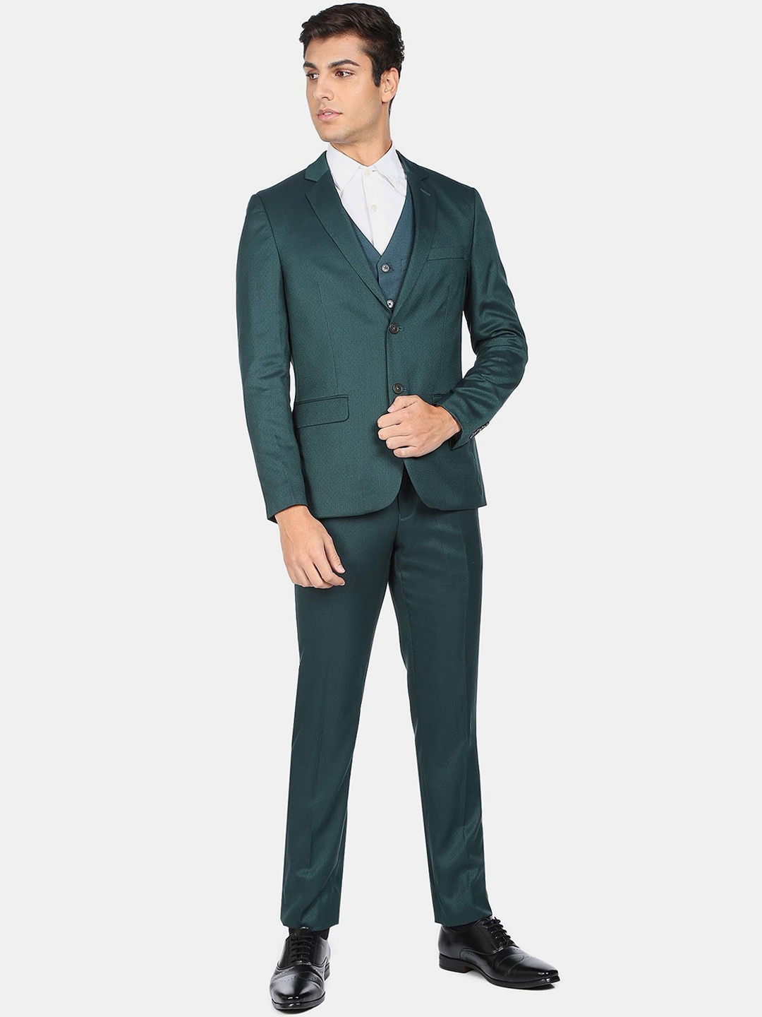 

AD By Arvind Men Self Design Single-Breasted 3 Piece Formal Suits, Green