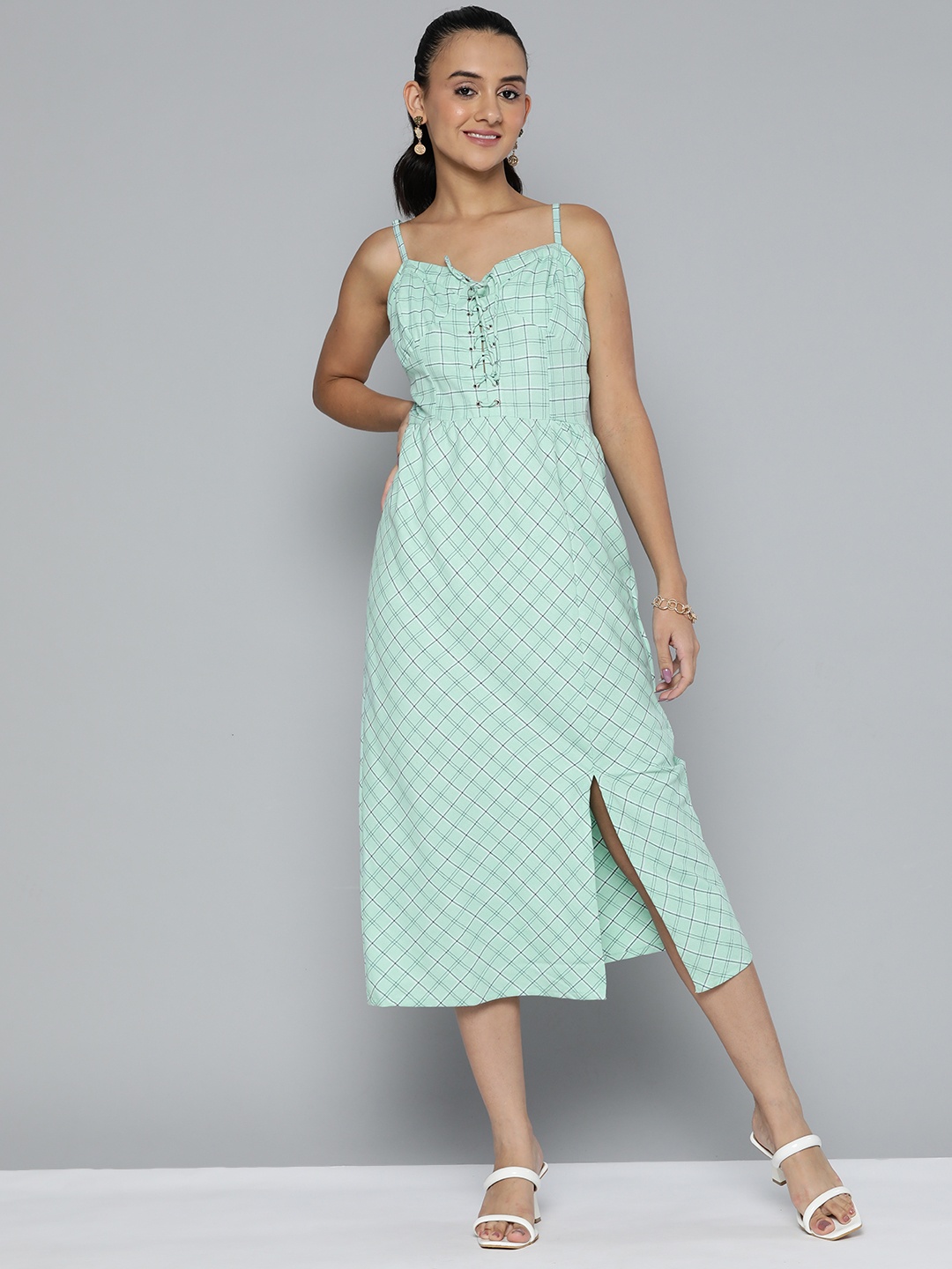 

HERE&NOW Cotton Sweetheart Neck Checked A-Line Midi Dress, Green