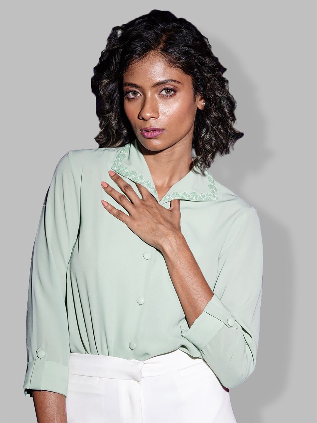 

MODWEE Women Embellished Collar Casual Shirt, Sea green