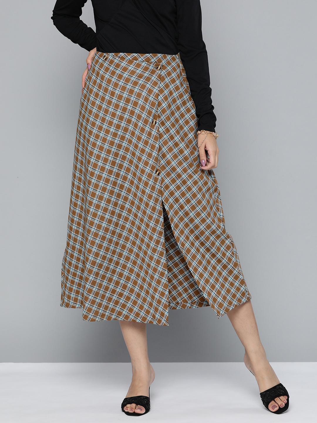 

HERE&NOW Women Checked Cotton A-Line Skirt, Brown