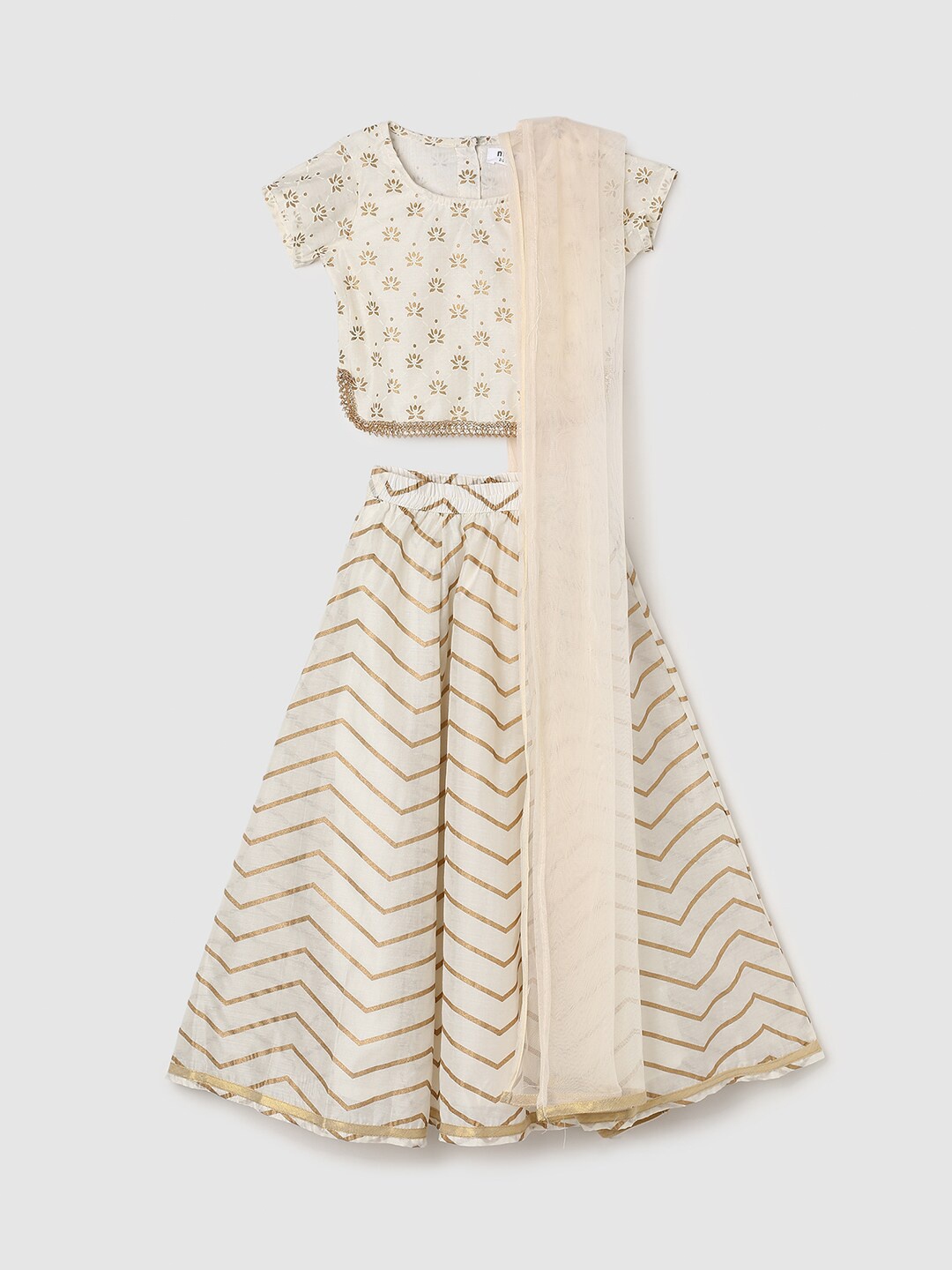 

max Girls Printed Batik Ready to Wear Lehenga & Blouse With Dupatta, Cream