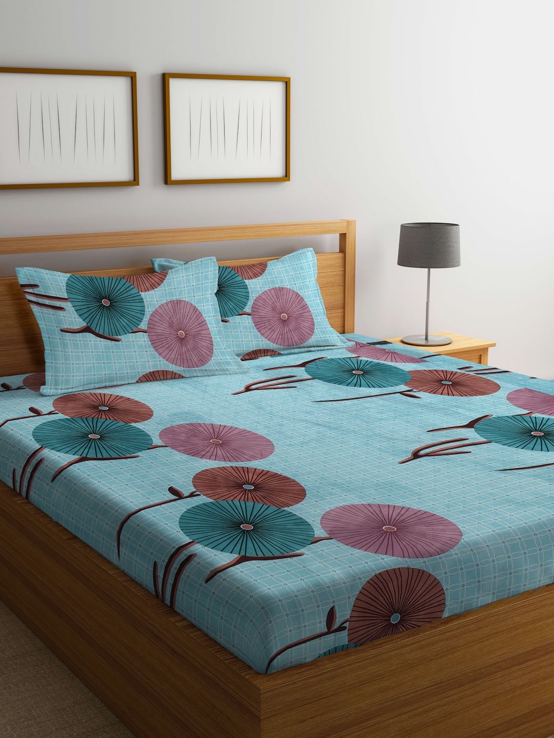 

KLOTTHE Floral Printed 300 TC Fitted King Bedsheet with 2 Pillow Covers, Turquoise blue