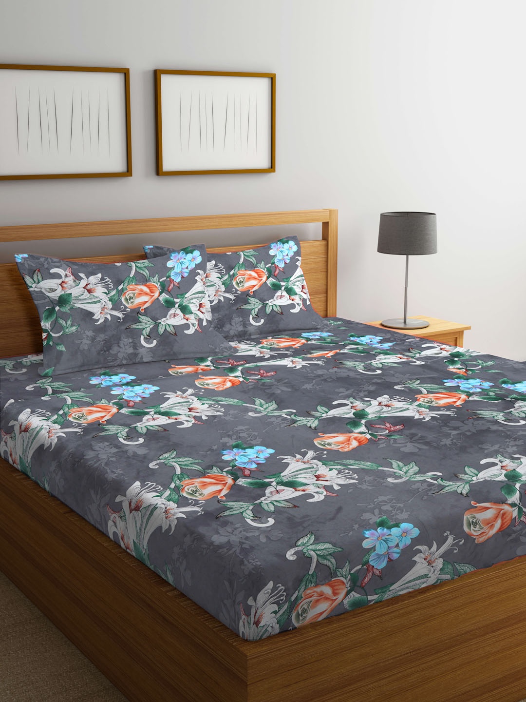 

KLOTTHE Floral Printed 300 TC Fitted King Bedsheet with 2 Pillow Covers, Charcoal