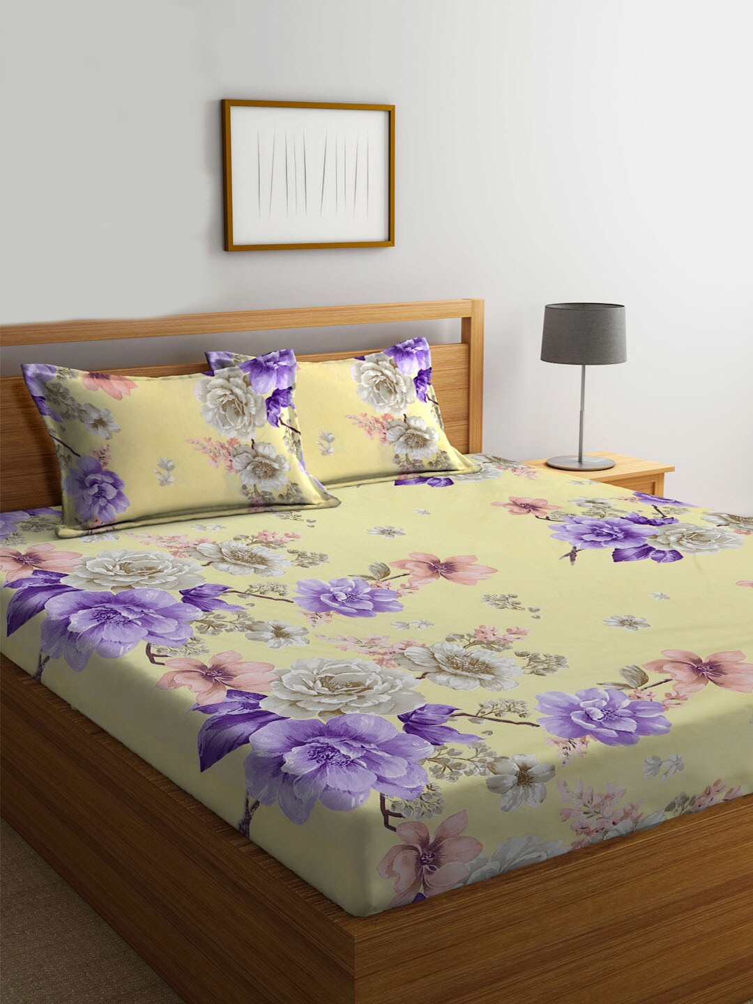 

KLOTTHE Floral Printed 300 TC Fitted King Bedsheet with 2 Pillow Covers, Yellow