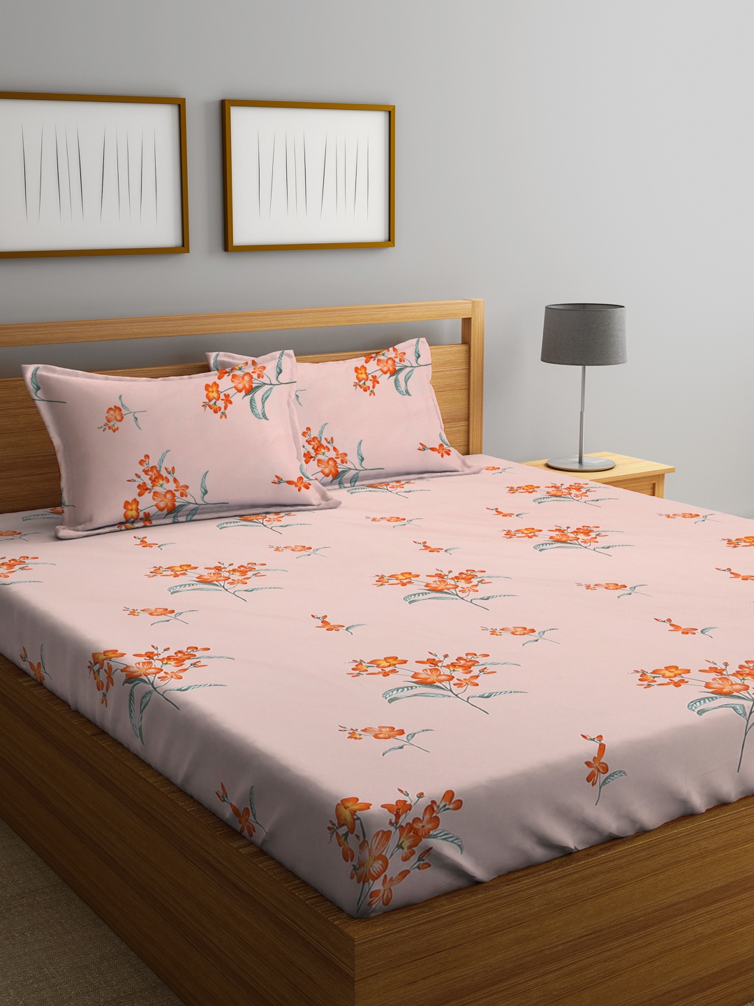

KLOTTHE Floral Printed 300 TC Fitted King Bedsheet with 2 Pillow Covers, Pink