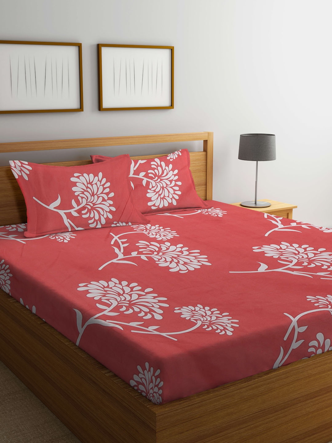 

KLOTTHE Floral Printed 300 TC Fitted King Bedsheet with 2 Pillow Covers, Coral