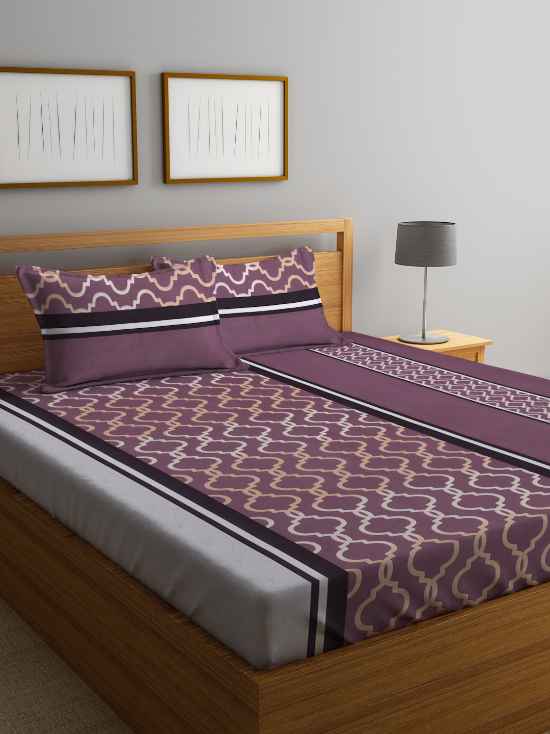 

KLOTTHE Geometric Printed 300 TC Fitted King Bedsheet with 2 Pillow Covers, Mauve