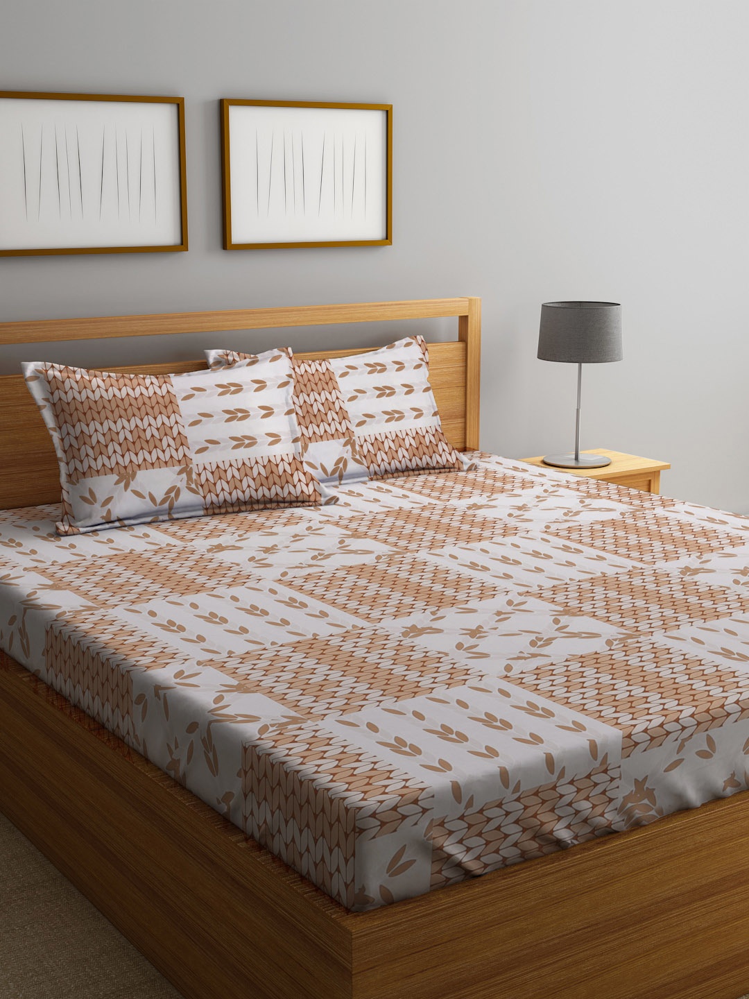 

KLOTTHE Brown & White Floral 300 TC Fitted King Bedsheet with 2 Pillow Covers