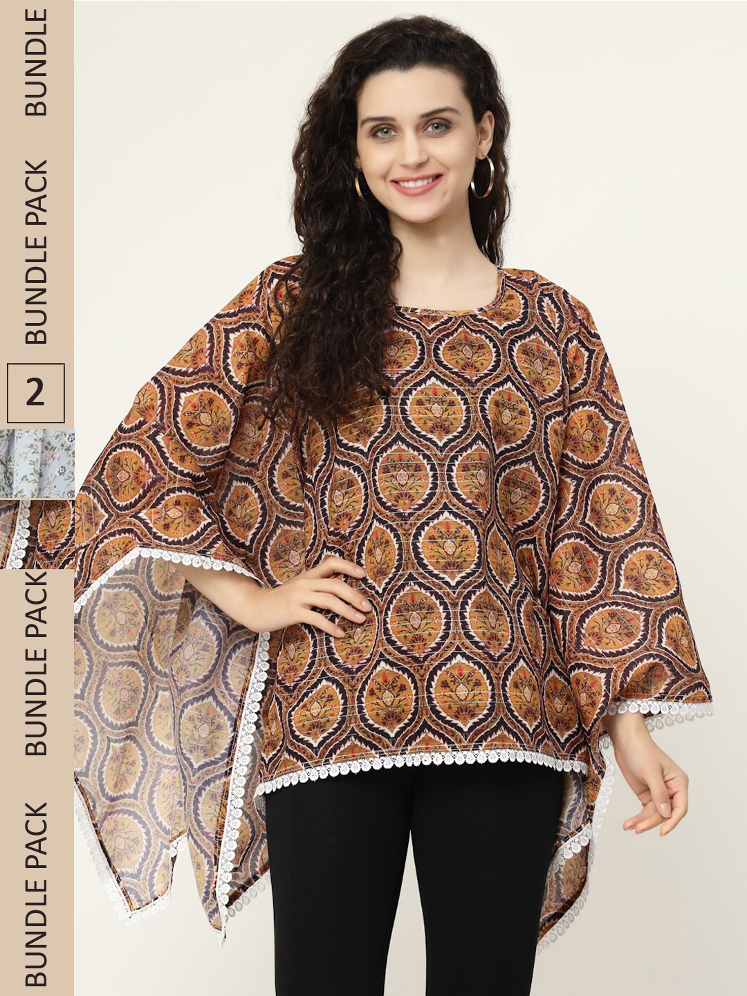 

MISS AYSE Pack Of 2 Printed Round Neck Kaftan Tops, Brown
