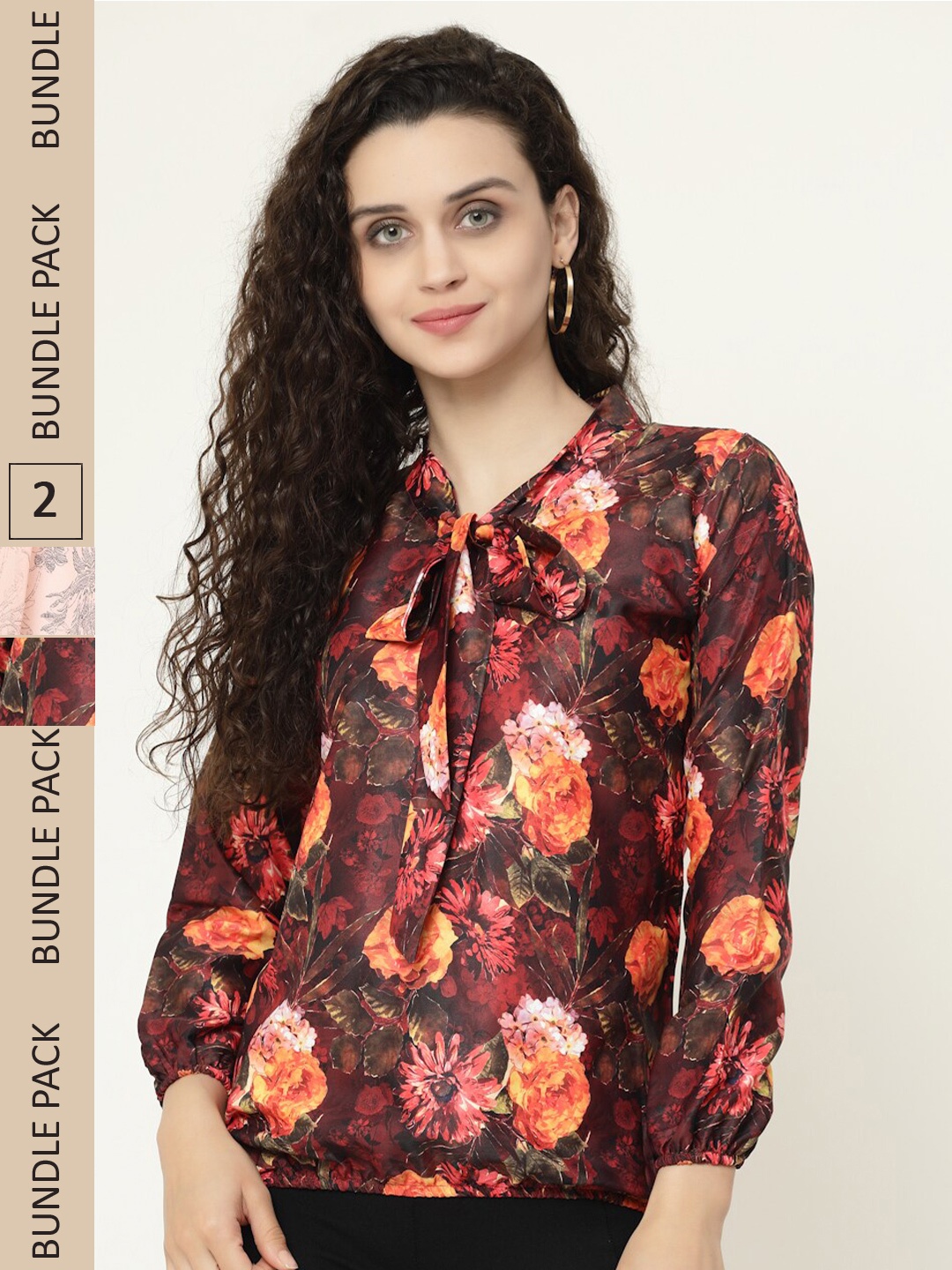 

MISS AYSE Pack Of 2 Floral Printed Tie-Up Neck Blouson Tops, Maroon