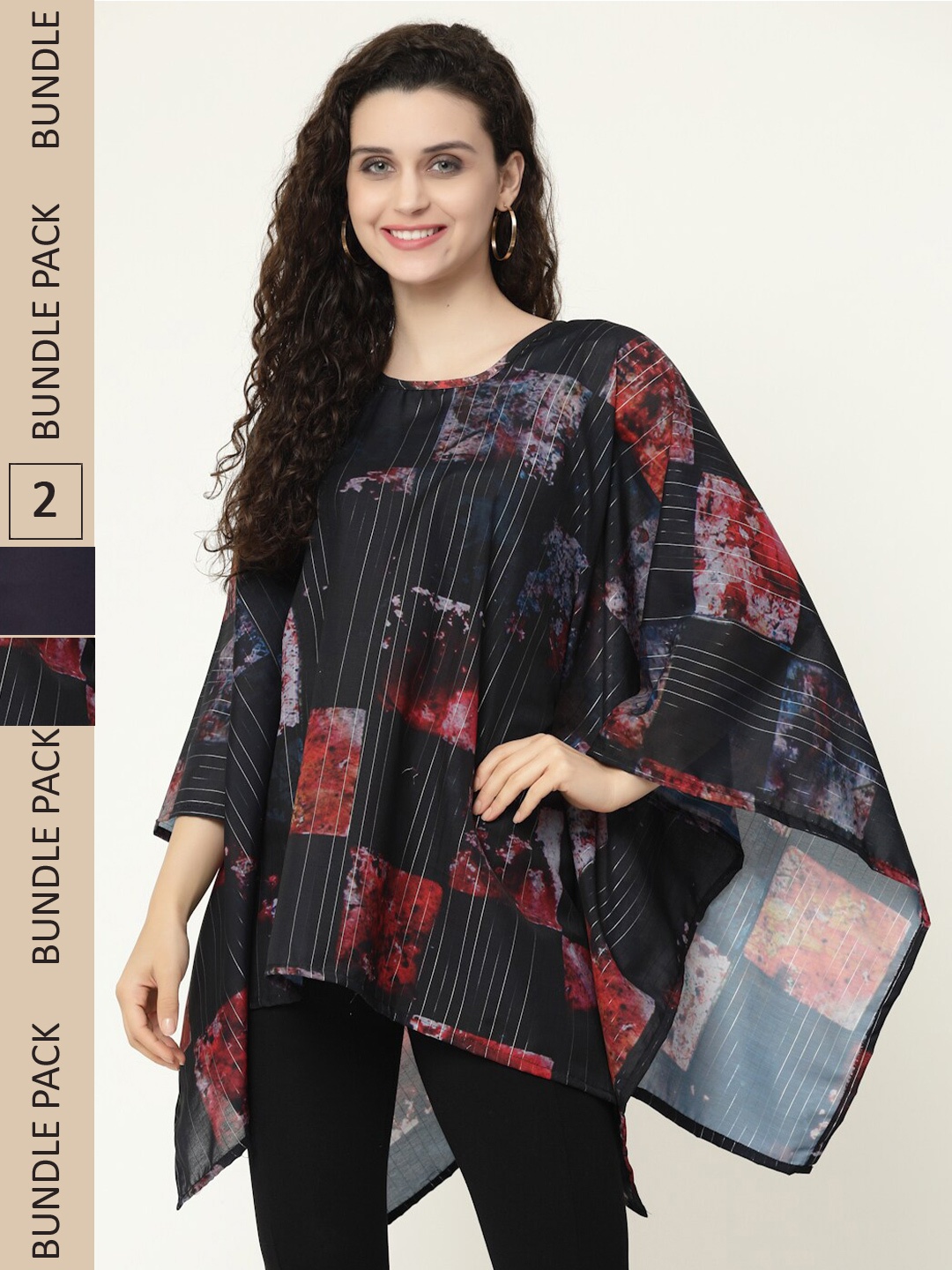 

MISS AYSE Pack Of 2 Geometric Printed Kaftan Longline Tops, Black