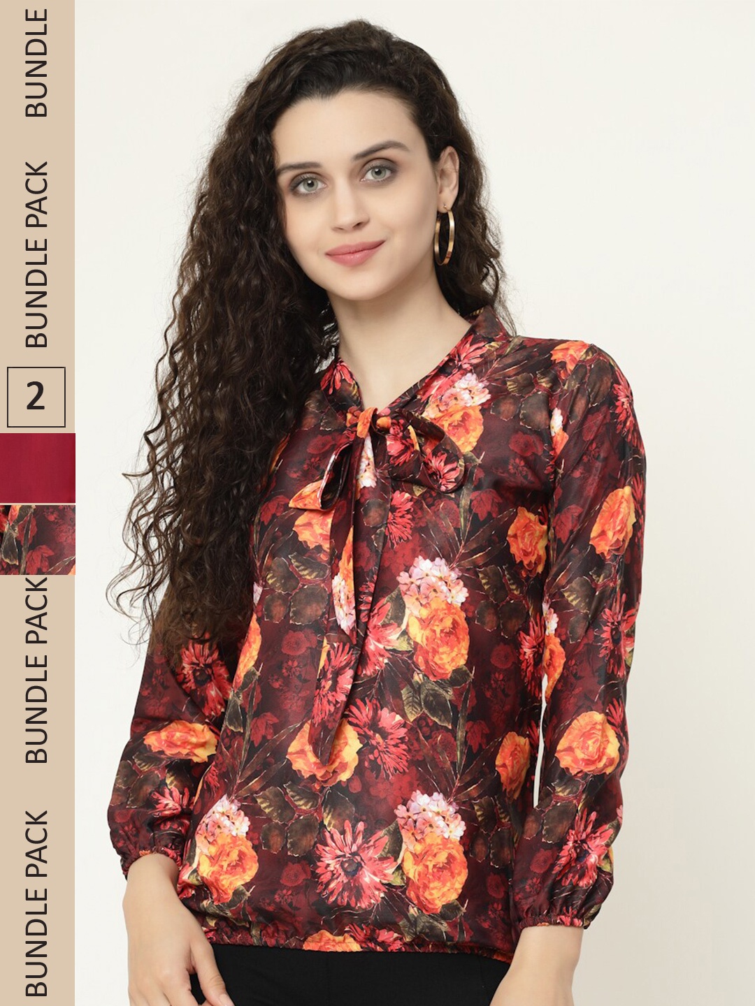 

MISS AYSE Pack Of 2 Floral Printed Tie-Up Neck Blouson Tops, Maroon