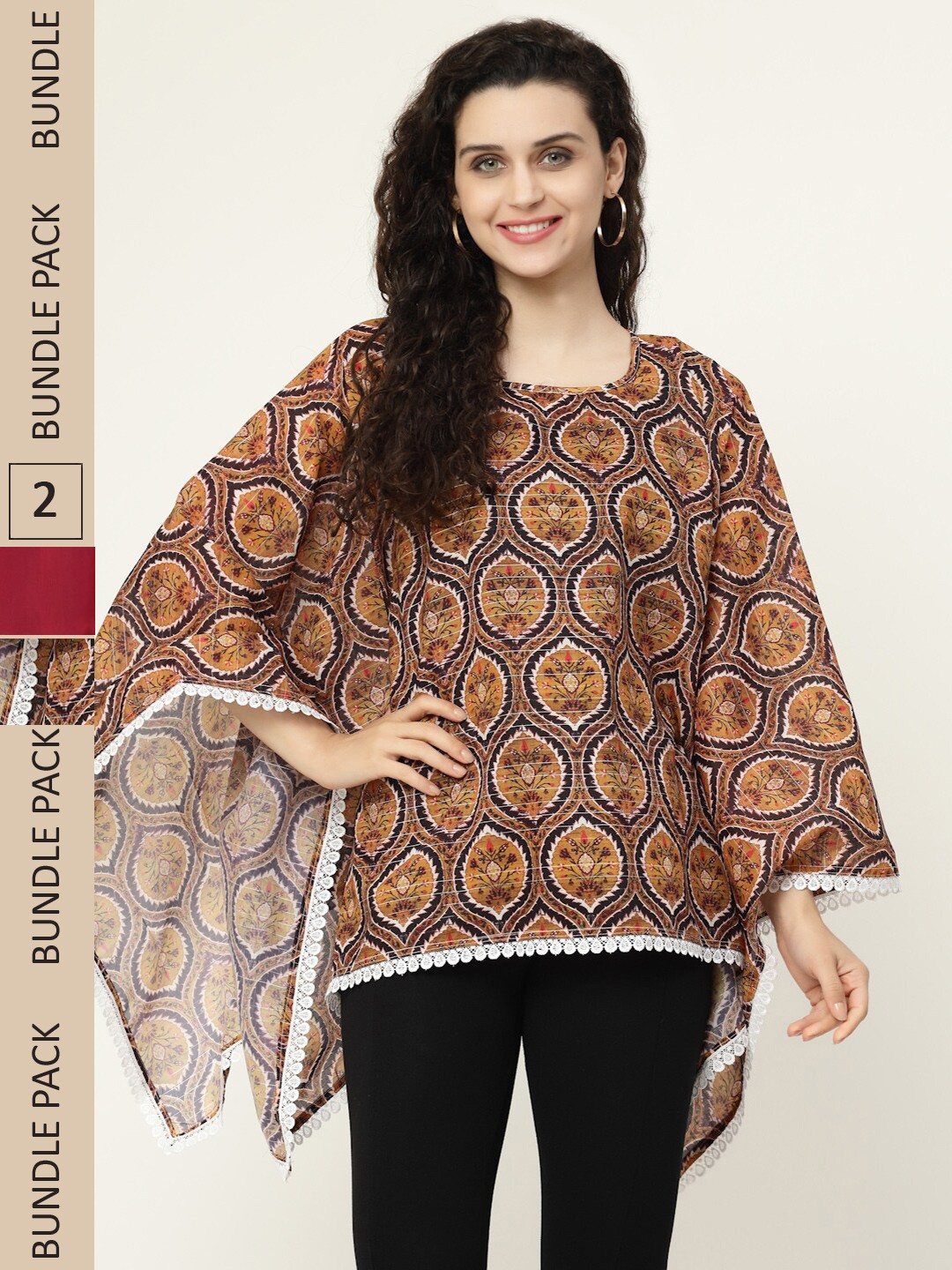 

MISS AYSE Pack Of 2 Printed Round Neck Kaftan Tops, Brown